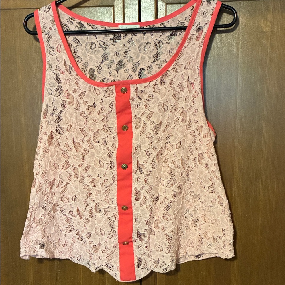 Coral Lace Button-Front Tank Top